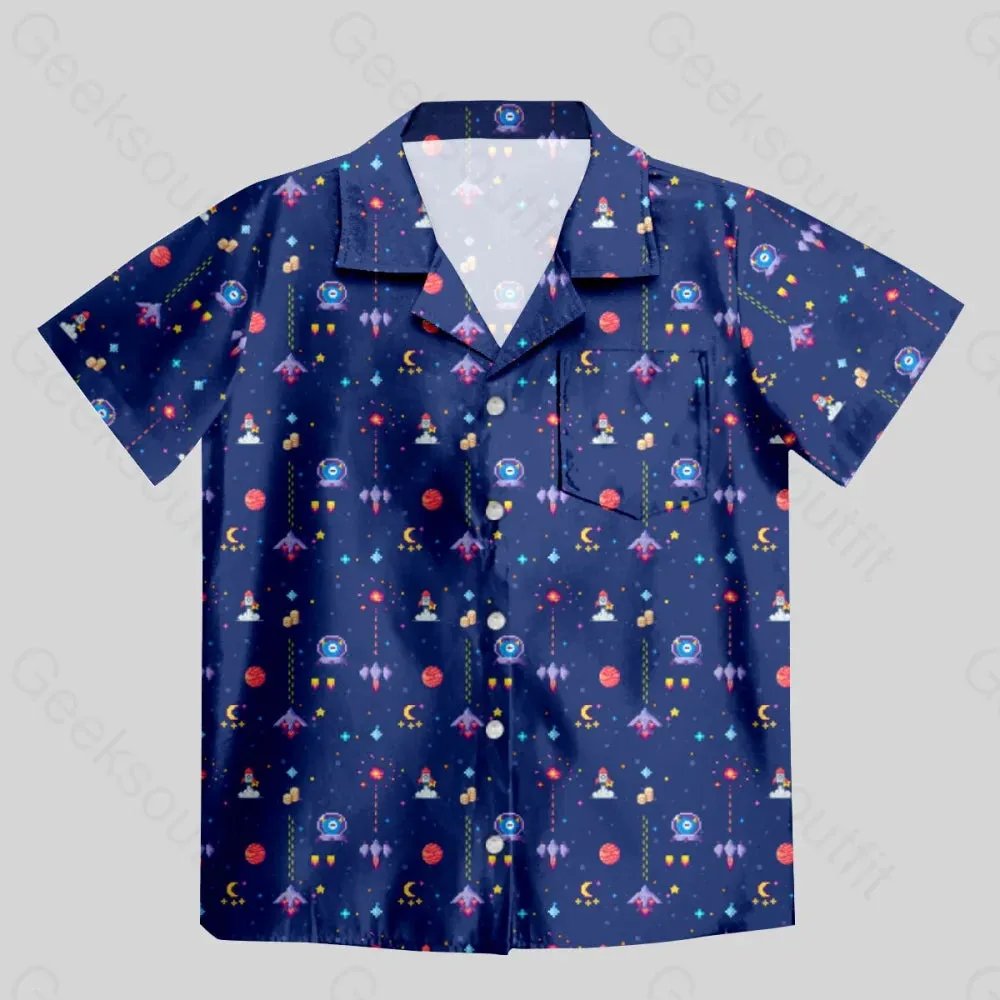 Retro Style Arcade Video Game featuring Space Blue Button Up Pocket Shirt - Image 2