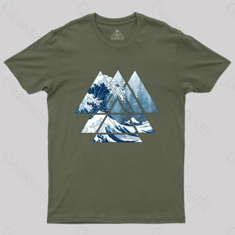 The Great Sacred Geometry Triangles - Misty Forest Wave T-Shirt - Image 4