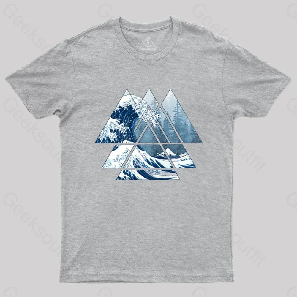 The Great Sacred Geometry Triangles - Misty Forest Wave T-Shirt - Image 5