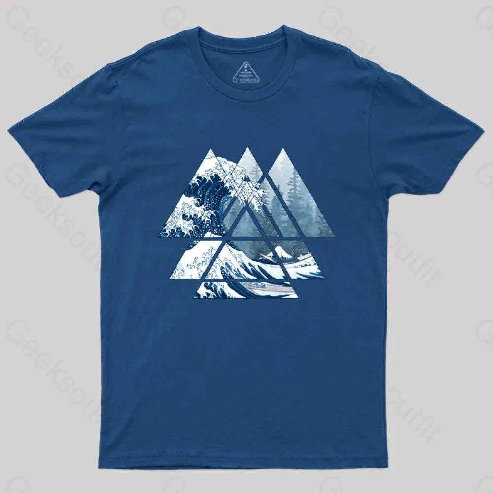 The Great Sacred Geometry Triangles - Misty Forest Wave T-Shirt - Image 2
