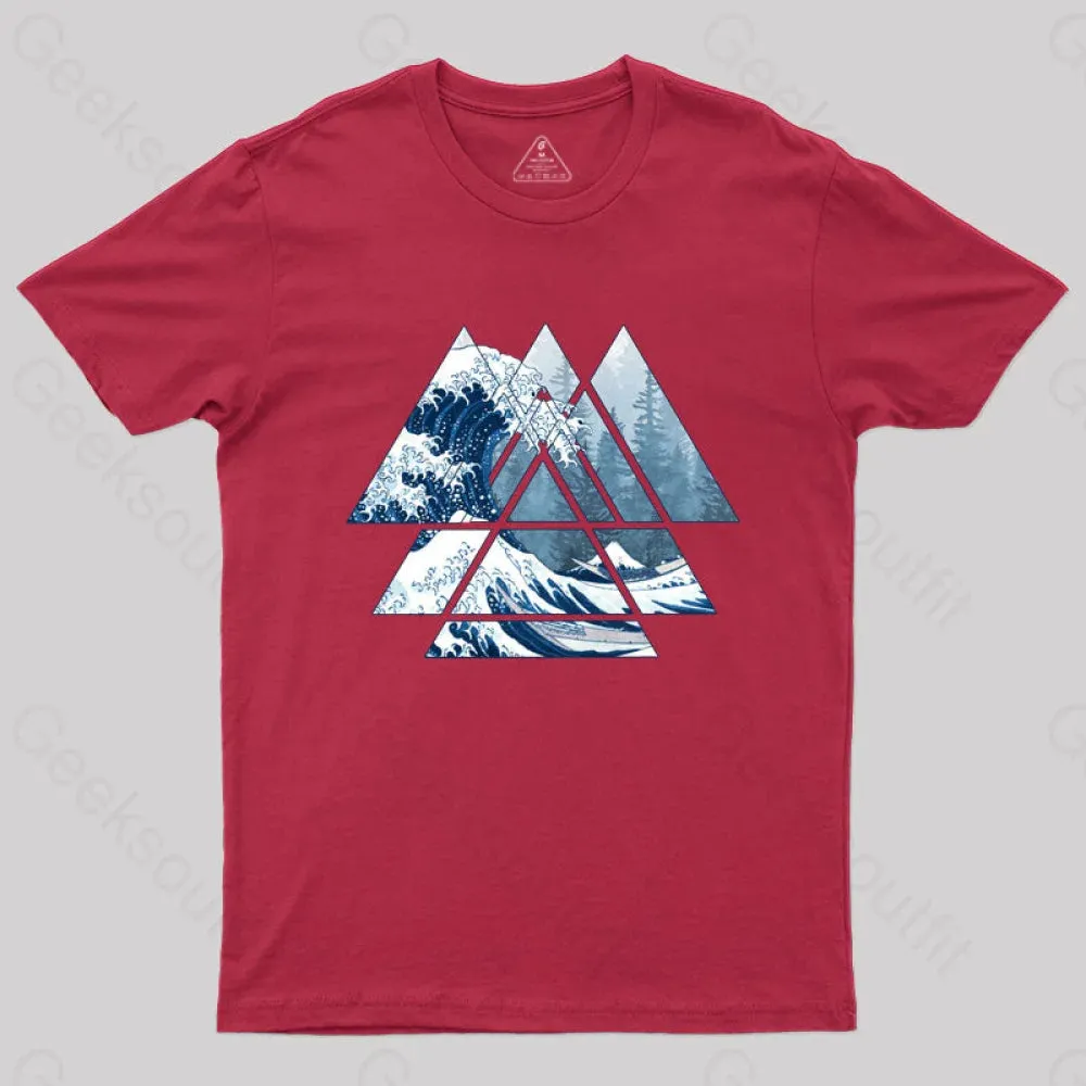 The Great Sacred Geometry Triangles - Misty Forest Wave T-Shirt - Image 7