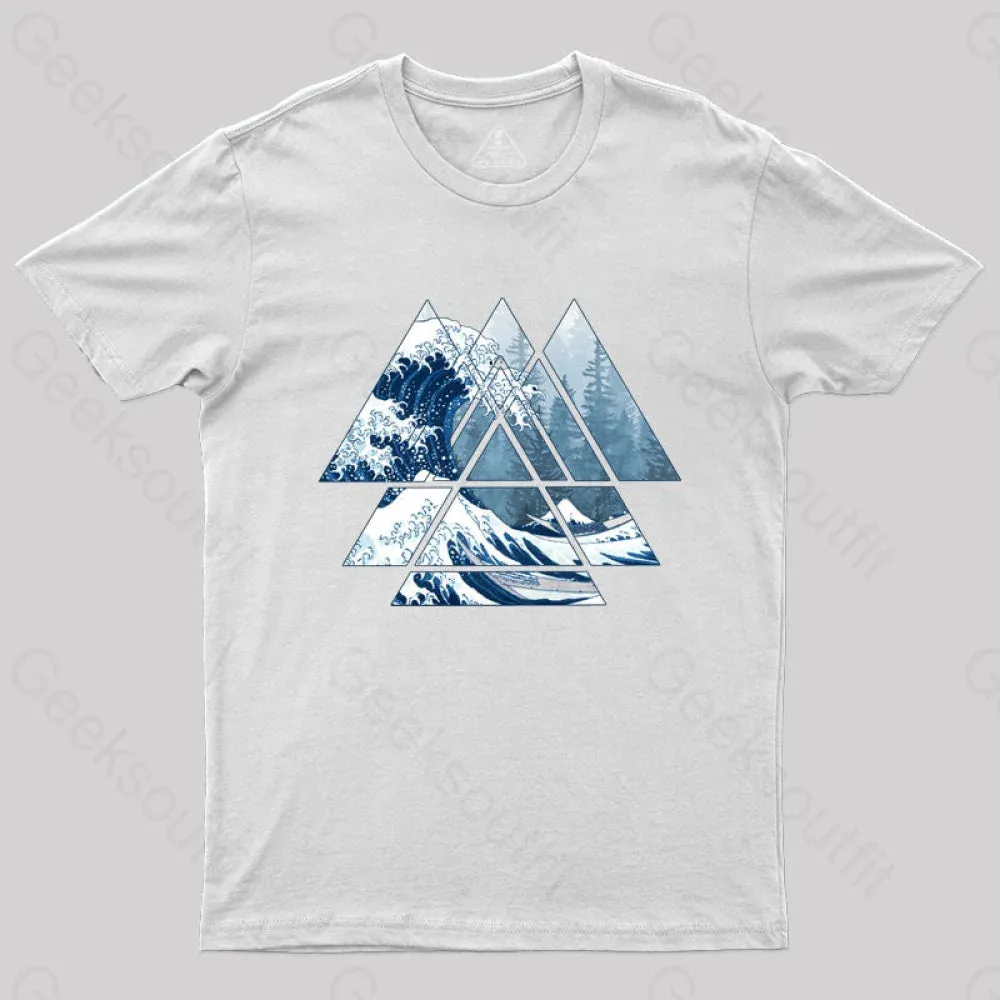 The Great Sacred Geometry Triangles - Misty Forest Wave T-Shirt - Image 3